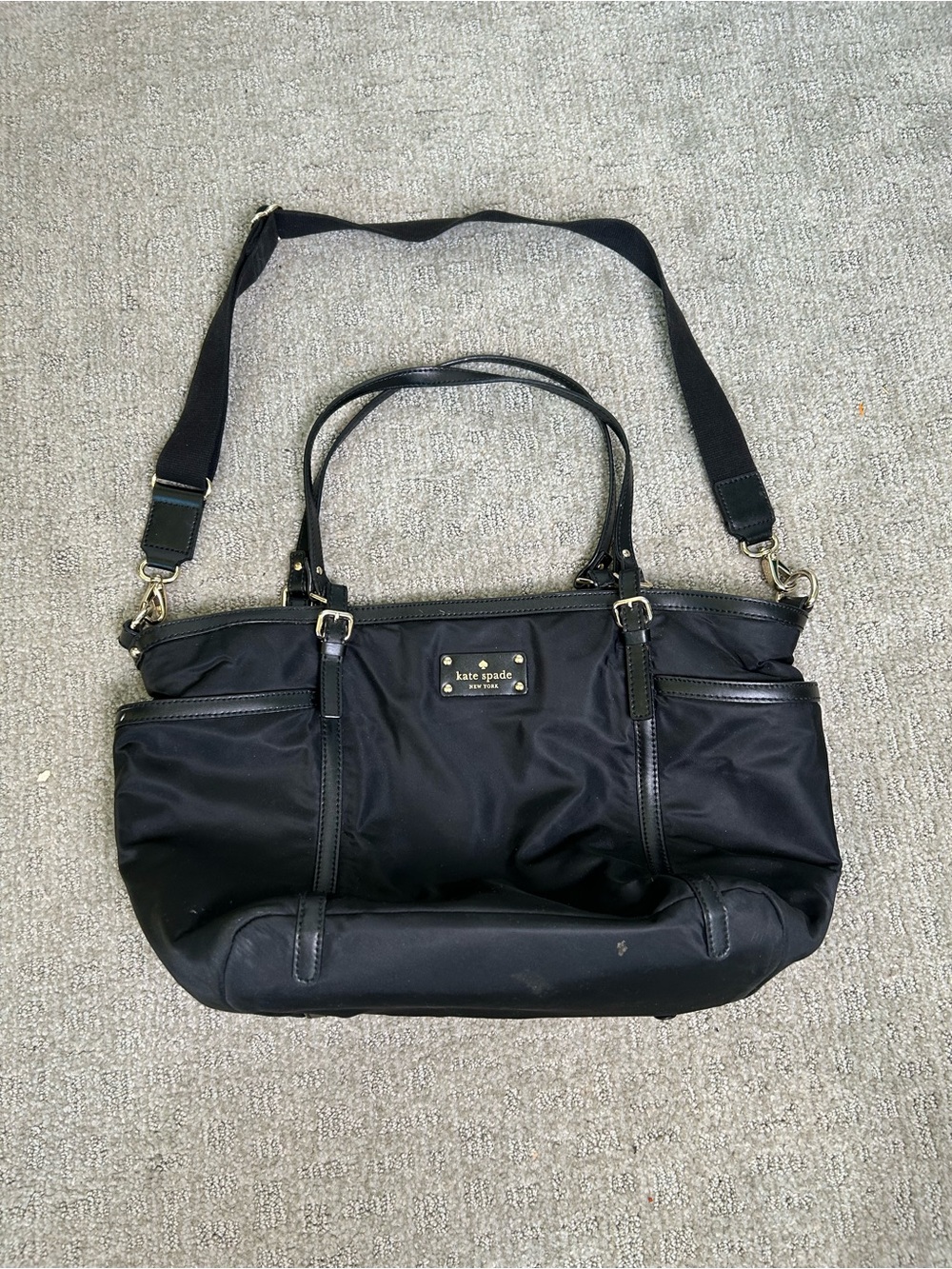 Kate Spade New York Black Nylon Shoulder Tote Bag Patent Leather Trim Large